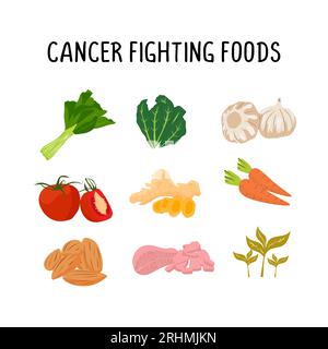 Cancer fighting foods vector illustration, healthy fruit and vegetables meal diagram. Such as broccoli, stawnerries, carrots, and salmon. Flat cartoon Stock Vector