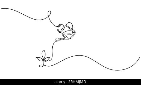 Watering plant vector illustration. Continuous one line drawing. Stock Vector