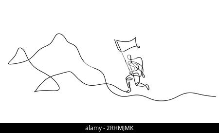 Hiking mountain vector. Continuous one line drawing, people holding a flag and climbing a peak. Victory and success metaphor. Stock Vector