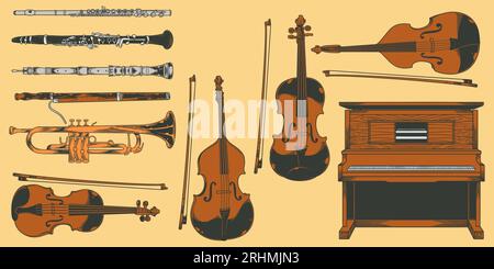 set doodle classical instrument music drawings with colors, hand drawn doodle vector illustration. Stock Vector