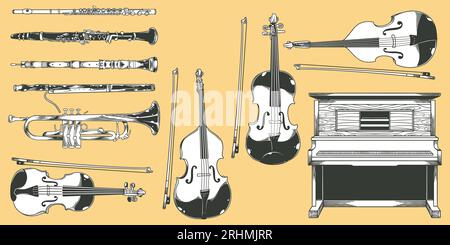 set doodle classical instument music drawings, hand drawn doodle vector illustration black and white Stock Vector