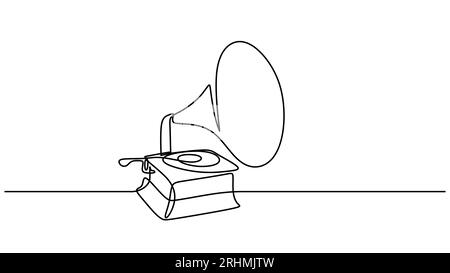 Vintage Gramophone vector, one line drawing illustration. Continuous hand drawn isolated on white background. Stock Vector