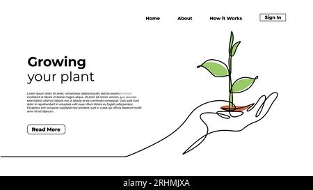 Growing plant continuous one line drawing. Landing page template of hand holding plants. Sprout grow symbol of environment protection. Stock Vector