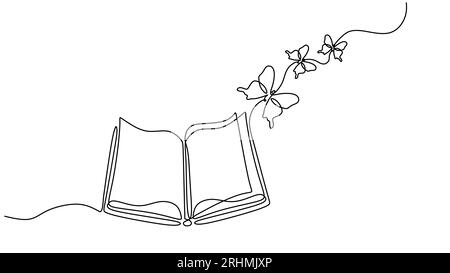 Flying book one line drawing with butterfly. Continuous hand drawn contour vector. Illustration of Creative and freedom. Stock Vector