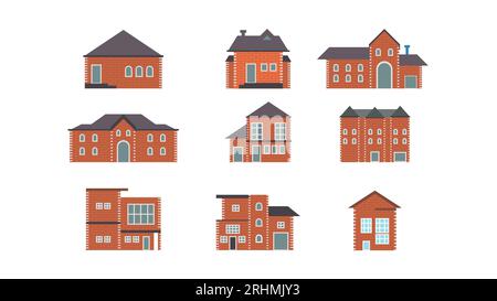 brick house building set with colors. Villages urban homes vector. Stock Vector
