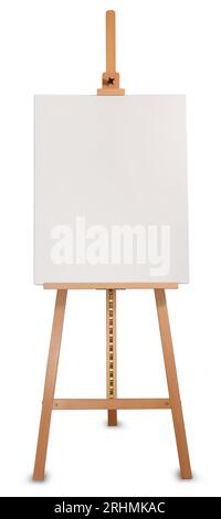 Professional painters wooden artist easel with empty canvas, front view, isolated on white, with minimum drop shadow. Add your own design. Stock Photo