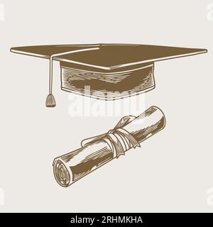 Graduation cap and rolled diploma vintage drawing, university engraving sketch vector illustration, isolated on white background Stock Vector