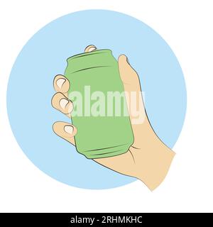 closeup hand holding green beer can illustration vector hand drawn isolated on white background Stock Vector