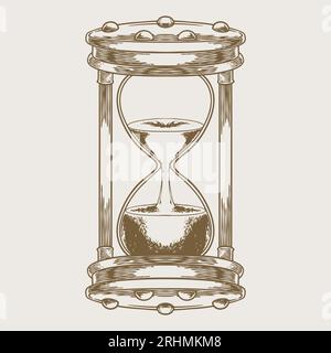 Hourglass engraving drawing, sandglass hand drawn vintage style vector illustration. Black isolated on white background Stock Vector