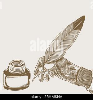 Hand drawn hand writing feather ink pen, vintage vector illustration. Education engraving style. Stock Vector