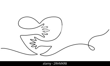 hands embracing heart with love vector illustrator, continuous one line drawing of hug love symbol. Stock Vector