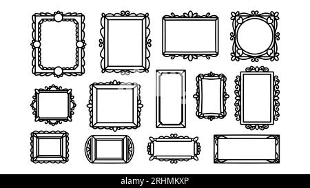 Hand drawn frames vector. Vintage doodle sketch picture frame, illustration Blank black square, cadre rectangle label elegant sketches line, isolated Stock Vector