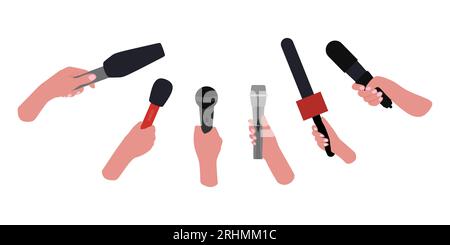 Hands holding microphone. Mass media reporters with mic recorder taking interview on live television, press conference journalism concept. Vector on w Stock Vector