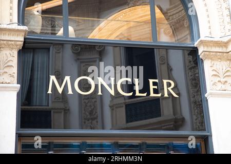 Milan , Italy  - 08 02 2023 : moncler store sign brand and text logo chain facade signage of Italian apparel manufacturer fashion italia shop entrance Stock Photo