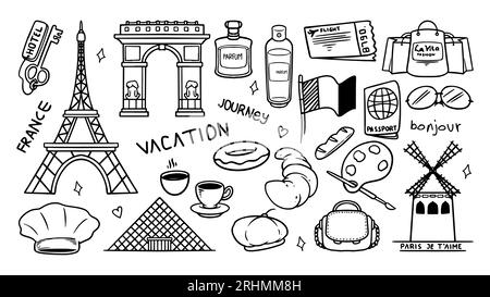 Travel to France doodle set icons vector. Simple hand drawing sketch buildings and national objects. Stock Vector