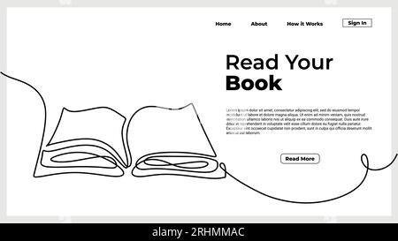 Continuous line drawing open book with flying pages. illustration education supplies back to school theme for landing page website. Book one line draw Stock Vector