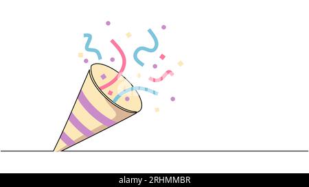 Party popper one continuous line drawing. Confetti icon object congratulate and celebrate elements.Vector party poppers Exploding cracker colorful. Stock Vector