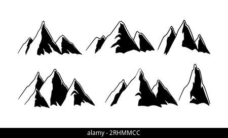 Mountain silhouette set, Collection of vector illustrations featuring silhouettes of mountain ranges, specifically rocky mountains, in the form of ico Stock Vector
