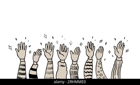 Hand raising doodle drawing. Vector illustration of people ovation clapping, Stock Vector