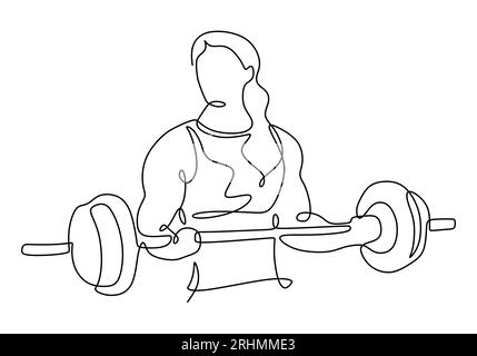 Weight training drawing of woman muscle vector. Female holding barbell continuous one line drawing. Stock Vector