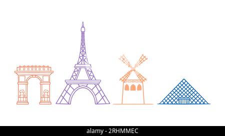 Travel France famous building set drawing. Arch de Triomphe and eifel, windmills and Louvre museum Stock Vector