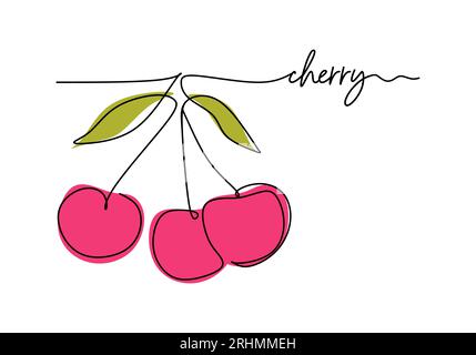Cherry continuous one line drawing, fruit vector illustration. Stock Vector