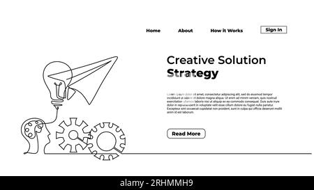 Continuous line drawing paper plane, mind, and bulb. Creative solution strategy landing page vector. Stock Vector