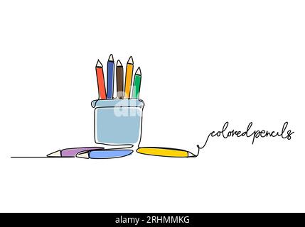 Colored pencils - School education object, one line drawing continuous design, vector illustration. Stock Vector