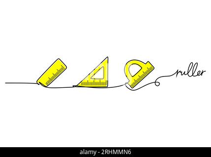 Ruler - School education object, one line drawing continuous design, vector illustration. Stock Vector