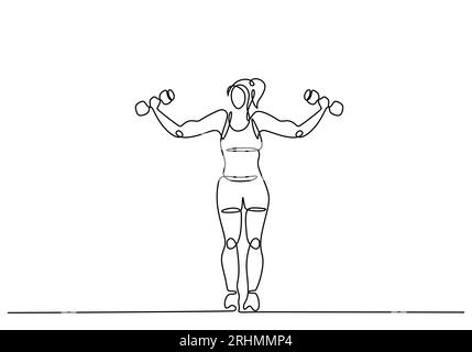 Woman exercise with dumbbell. one line drawing. Two hands training for muscular strength. Stock Vector
