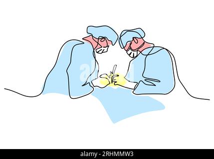 One continuous single line drawing of doctor and nurse do surgery isolated on white background. Stock Vector