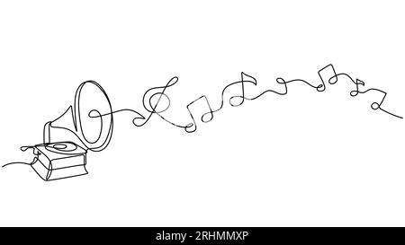 Music notes symbols with gramophone. One continuous hand drawn isolated on white background. Stock Vector