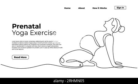 Prenatal yoga exercise, woman doing healthy pose during pregnant. Continuous one line art drawing minimalist, landing page template web concept, vecto Stock Vector
