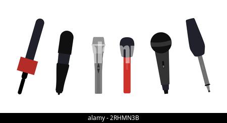 Six Microphone flat objects. Vector microphones for audio podcast broadcast or music record technology set of broadcasting concert equipment illustrat Stock Vector