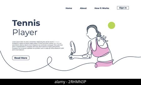 One line drawing woman playing tennis, vector illustration girl with racket continuous single hand drawn graphic. Landing page template web elements w Stock Vector
