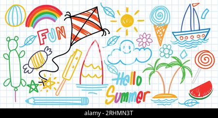 Summer funny hand drawn symbols vector set. Fruits, ice cream, sun, kite. Like kids colorful crayon, pastel, candy, rainbow, coconut, chalk, cloud, ca Stock Vector