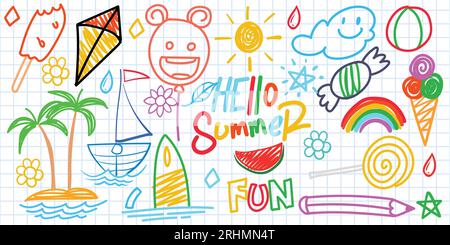 Summer funny hand drawn symbols vector set. Fruits, ice cream, sun, kite. Like kids colorful crayon, pastel, candy, rainbow, coconut, chalk or pencil Stock Vector