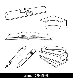 set of education and literacy objects line art like college graduation cap, diploma paper roll, pencil, ink pen, open book, stack of books for literac Stock Vector