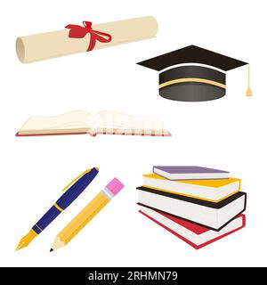 set education and literacy objects colorful like college graduation cap, diploma paper roll, pencil, ink, open book, stack of books for literacy day i Stock Vector