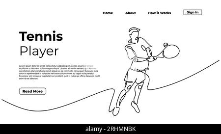 continuous one line drawing of a man playing tennis, single hand drawn athlete sport game. Vector illustration of people holding racket, web landing p Stock Vector