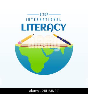International literacy day banner with open book, ink pen and pencil on earth globe for literacy day international celebration education background. Stock Vector