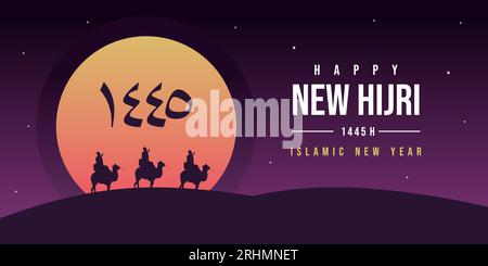 Happy new hijri year 1445 background with moon, star, mosque, arabic letter, people on camel on desert at night. Islamic banner poster. Stock Vector