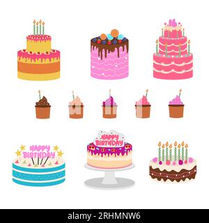 Nine birthday cake set colorful objects in flat elements style isolated on white background. Stock Vector