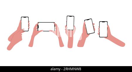 Hand hold the mobile phone in horizontal and vertical position with white blank screen in different positions vector illustration set in flat style is Stock Vector