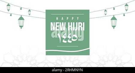 Happy new hijri year 1445 background with arabic letter and hanging lanterns. Islamic banner poster. Stock Vector