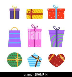 Nine birthday gift set colorful objects in flat elements style isolated on white background. Stock Vector