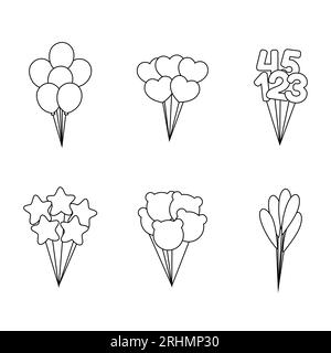 Six birthday balloon set line art flat elements style isolated on white background. Stock Vector