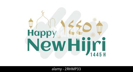 Happy new hijri year 1445 background with arabic letter, lantern and mosque. Islamic banner poster. Stock Vector