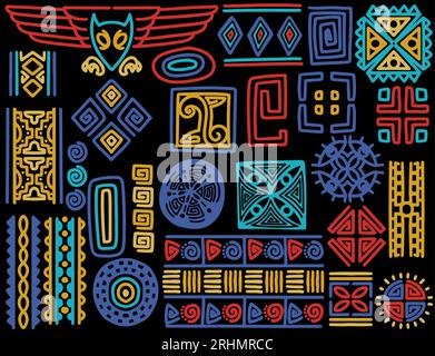set of hand drawn tribal objects. Abstract geometric ethnic ornament brushes. Colorful isolated on black background. Stock Vector