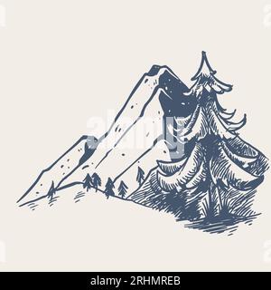 Sketch of Mountain with big pine tree. Hand drawn vector landscape with mountains, trees in the mountains. Perfect for banner, poster and sticker desi Stock Vector